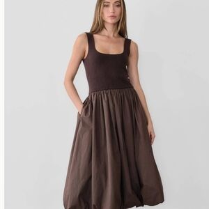All:Row Mod Ref Bella Dress S NWT Chocolate Brown Bubble Hem Midi Mixed Media